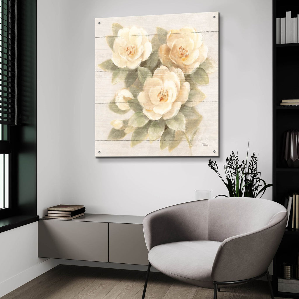 Ivory Camelia On Wood by Albena Hristova - 36x36 acrylic wall art in a room