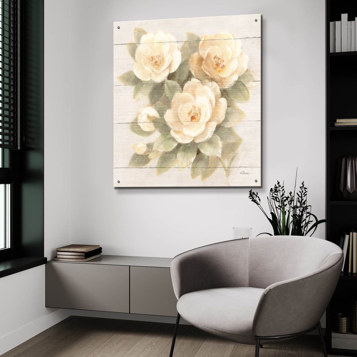 Ivory Camelia On Wood by Albena Hristova - 36x36 acrylic wall art in a room