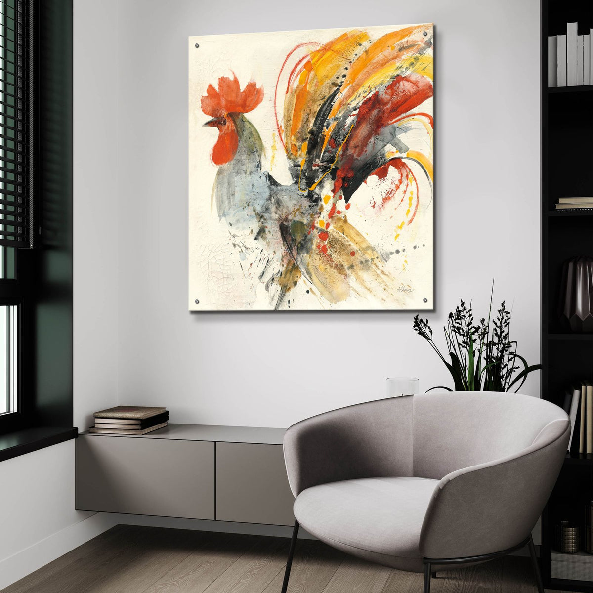 Festive Rooster 2 by Albena Hristova - 36x36 acrylic wall art in a room
