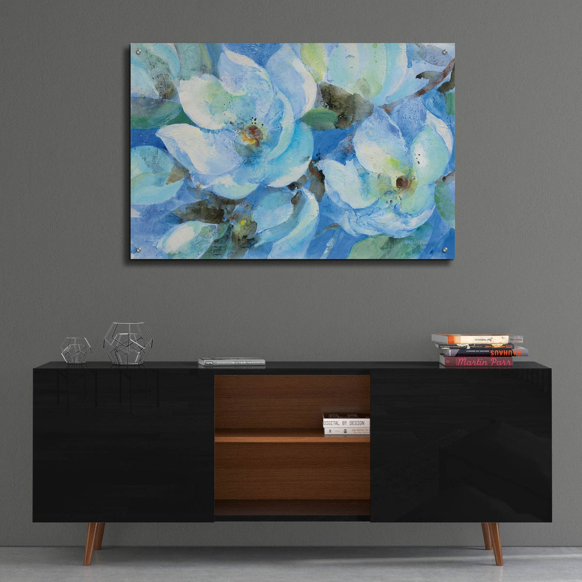 Blue Magnolias by Albena Hristova - 36x24 acrylic wall art in a room