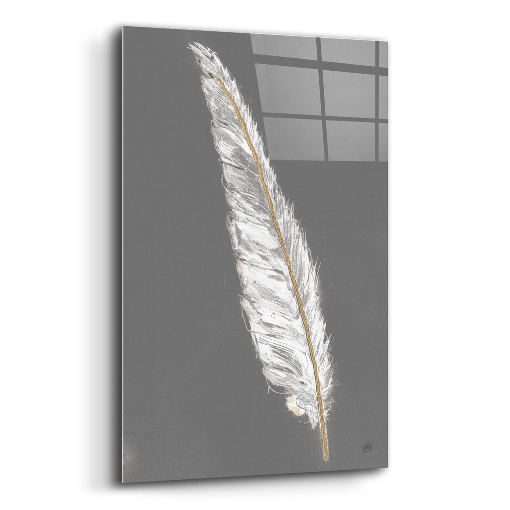 Epic Art 'Gold Feathers 6 On Grey'  by Chris Paschke Acrylic Glass Wall Art,16x24