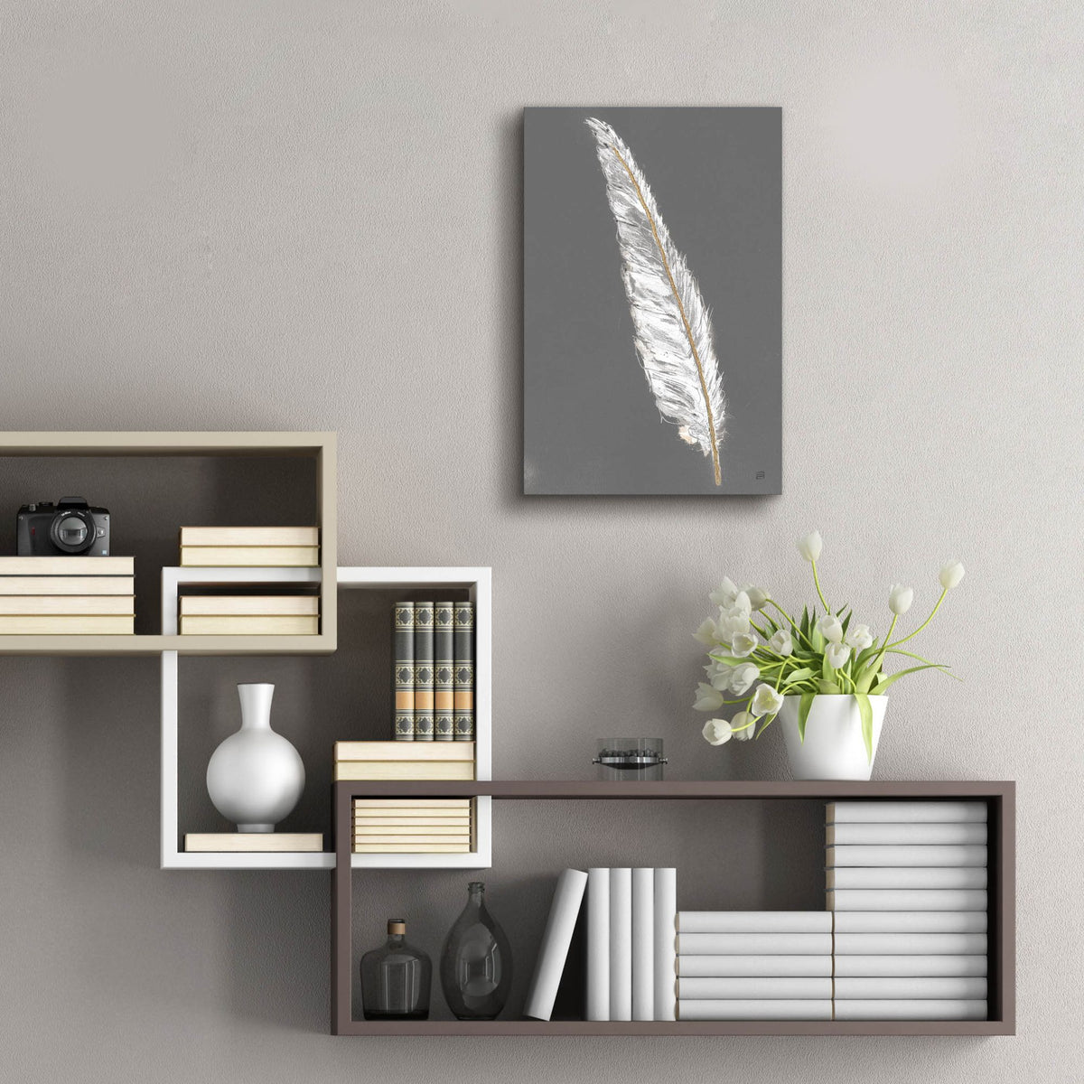Epic Art 'Gold Feathers 6 On Grey'  by Chris Paschke Acrylic Glass Wall Art,16x24
