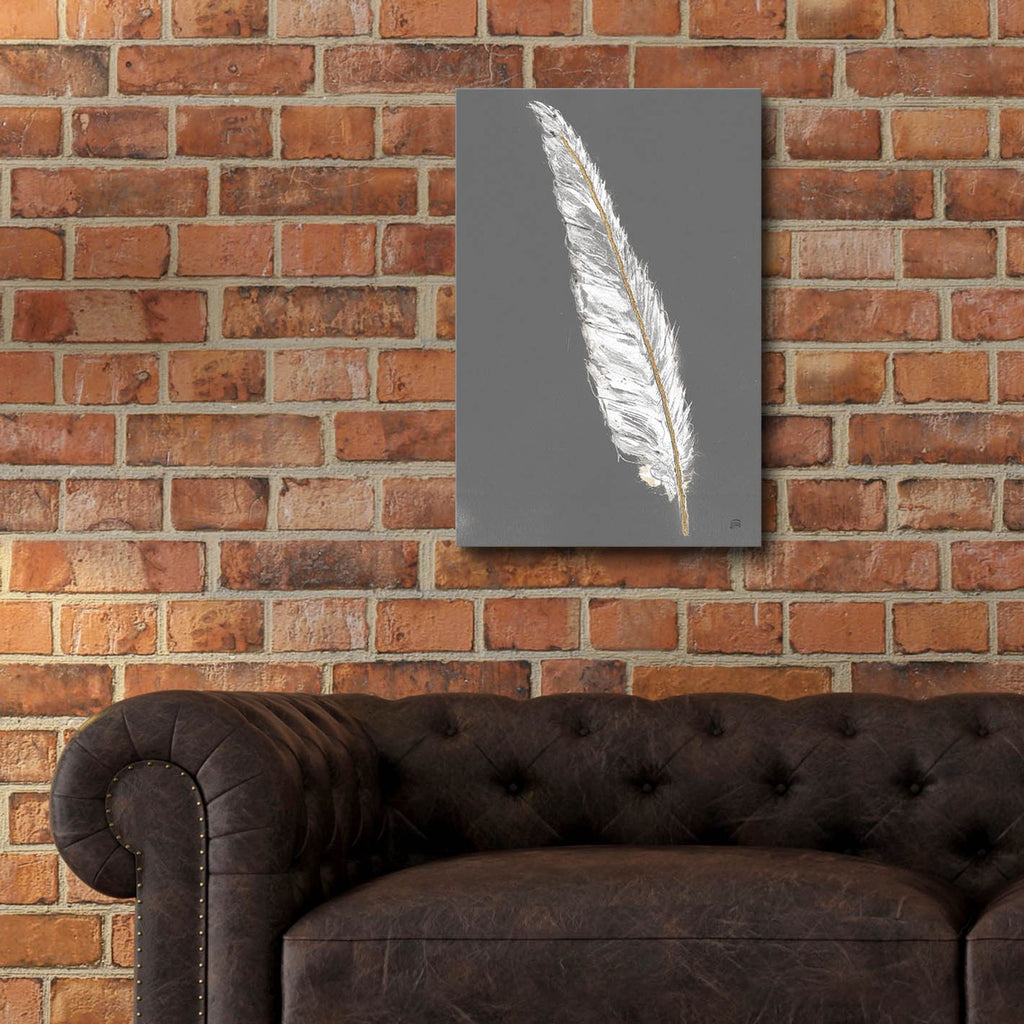 Epic Art 'Gold Feathers 6 On Grey'  by Chris Paschke Acrylic Glass Wall Art,16x24