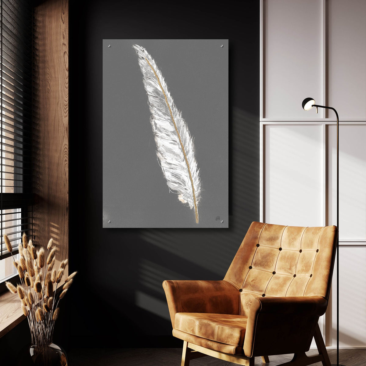 Epic Art 'Gold Feathers 6 On Grey'  by Chris Paschke Acrylic Glass Wall Art,24x36