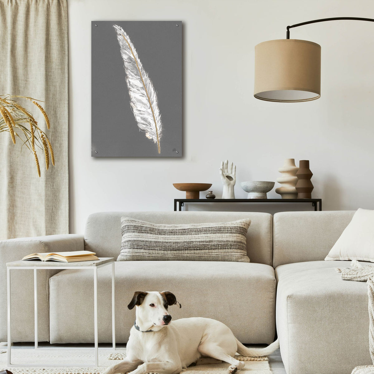 Epic Art 'Gold Feathers 6 On Grey'  by Chris Paschke Acrylic Glass Wall Art,24x36