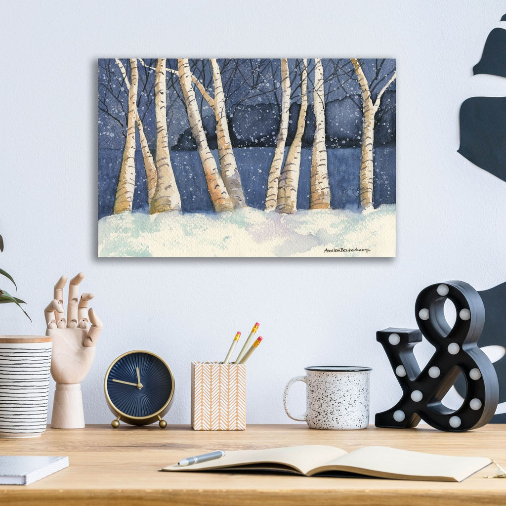 Birch, Snowy Night by Annelein Beukenkamp - 16x12 acrylic wall art in a room