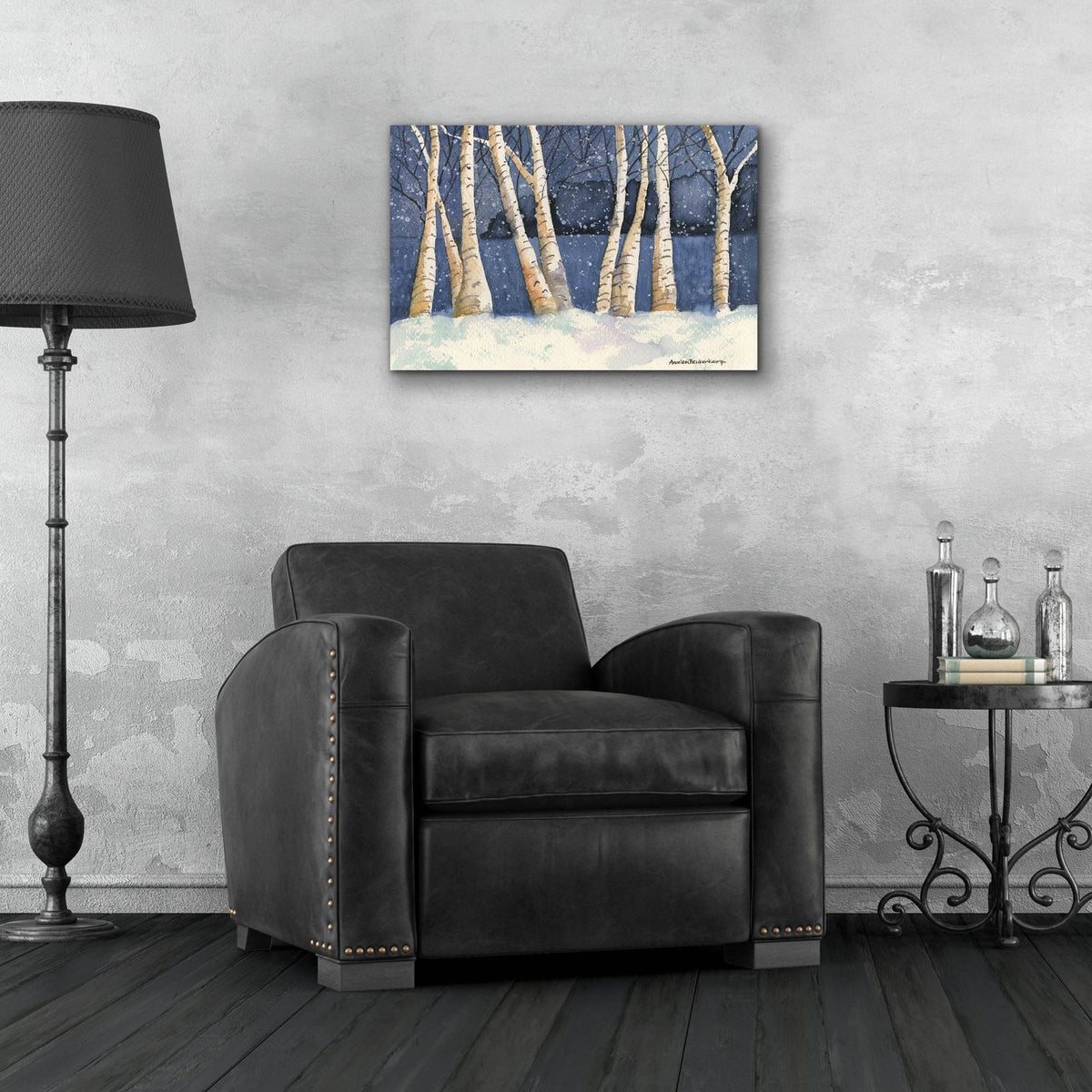 Birch, Snowy Night by Annelein Beukenkamp - 24x16 acrylic wall art in a room