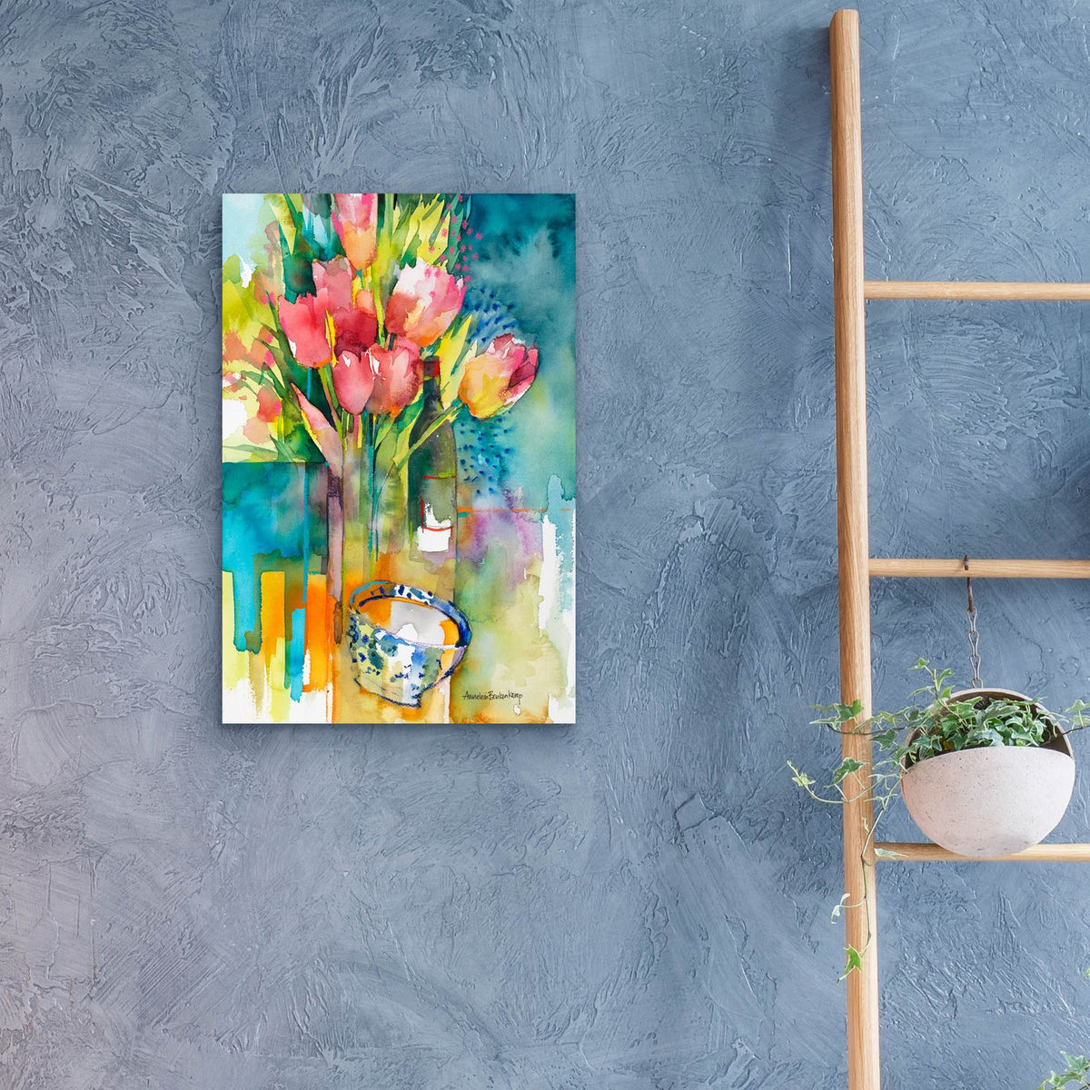 Blooms Bottle And Bowl by Annelein Beukenkamp - 16x24 acrylic wall art in a room