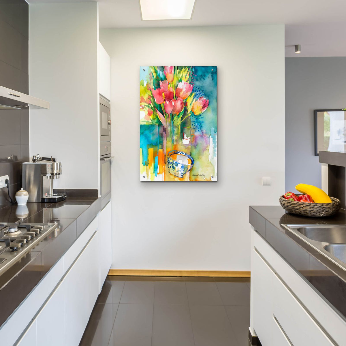 Blooms Bottle And Bowl by Annelein Beukenkamp - 24x36 acrylic wall art in a room