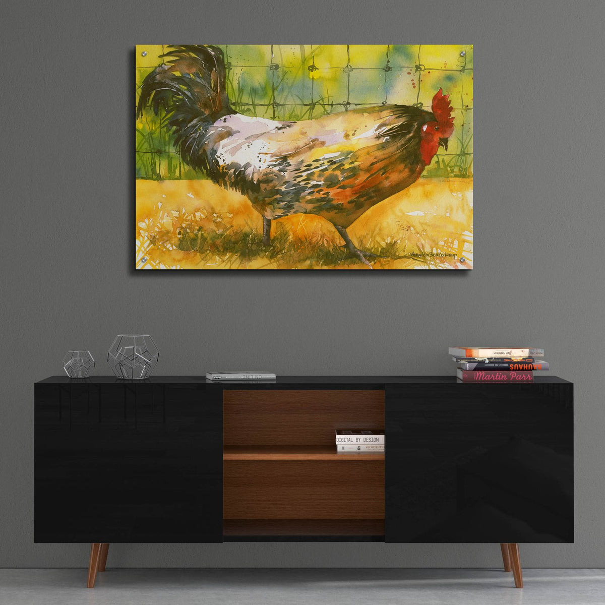 Chicken Fence by Annelein Beukenkamp - 36x24 acrylic wall art in a room