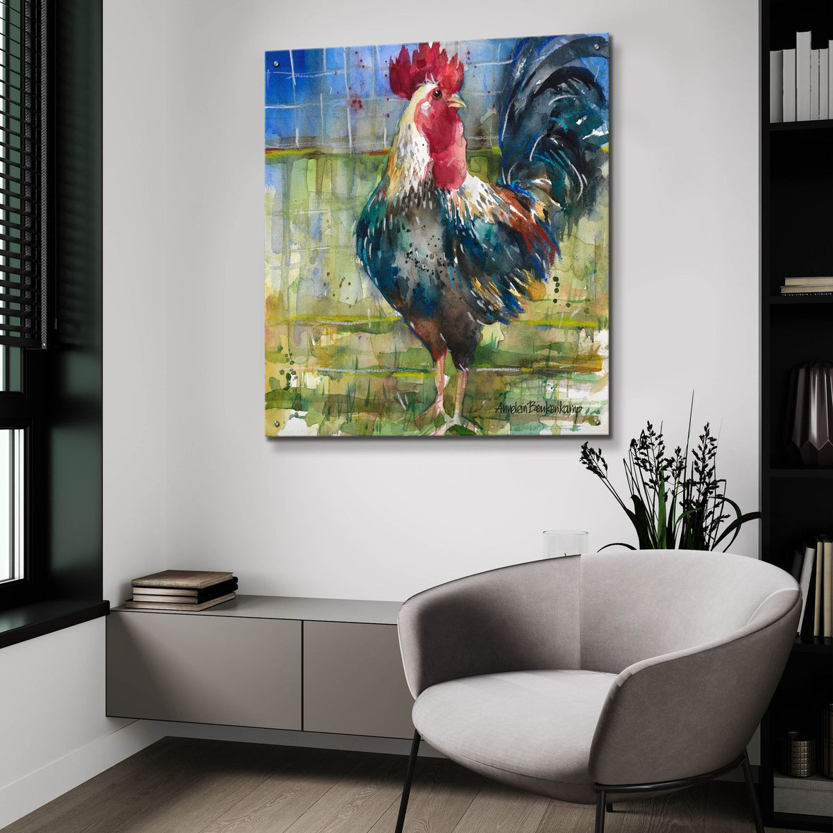 Fenced Fowl by Annelein Beukenkamp - 36x36 acrylic wall art in a room