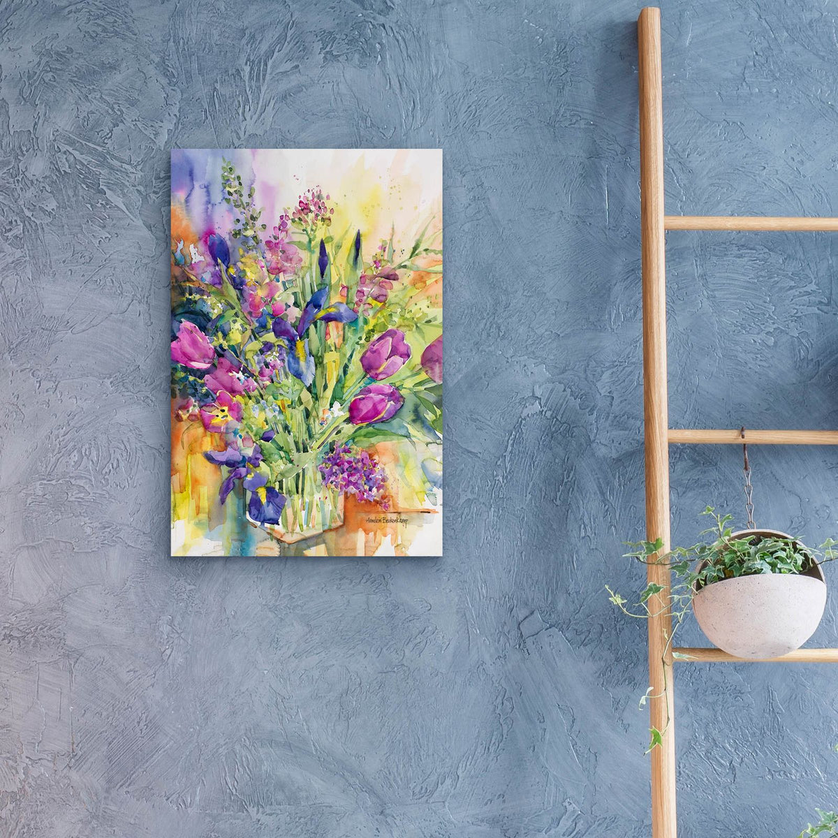 Iris Blue And Tulips Too by Annelein Beukenkamp - 16x24 acrylic wall art in a room