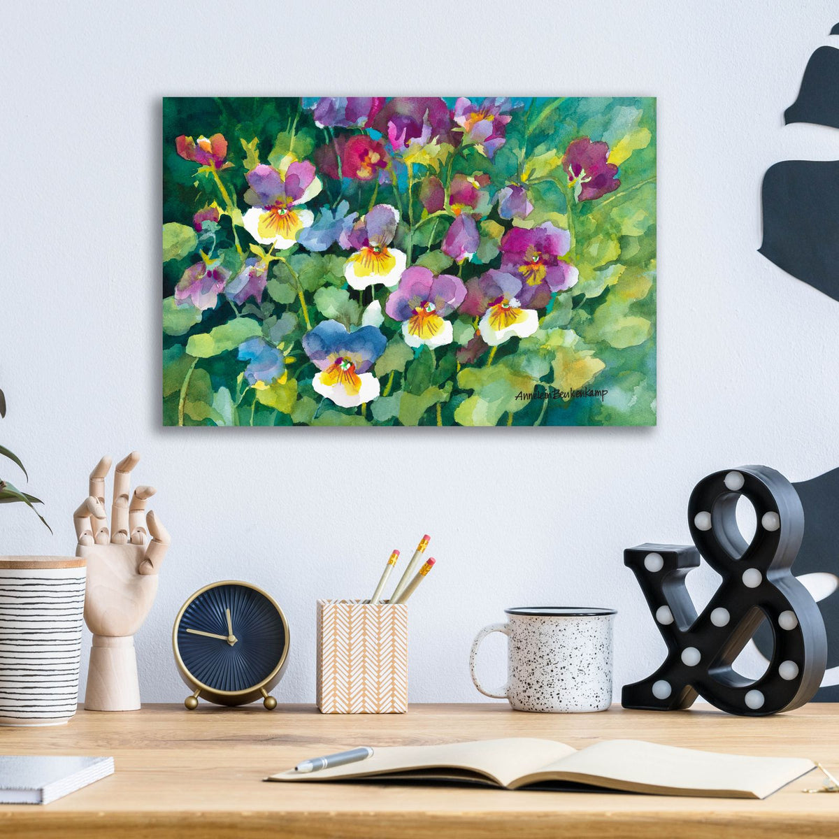 Pansies Primping by Annelein Beukenkamp - 16x12 acrylic wall art in a room