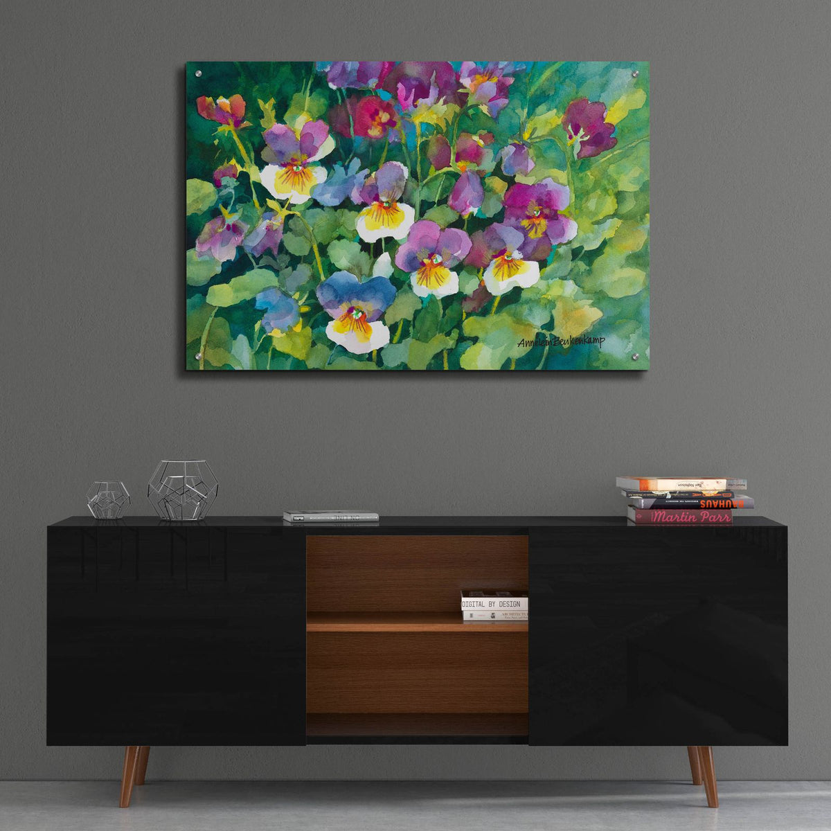 Pansies Primping by Annelein Beukenkamp - 36x24 acrylic wall art in a room