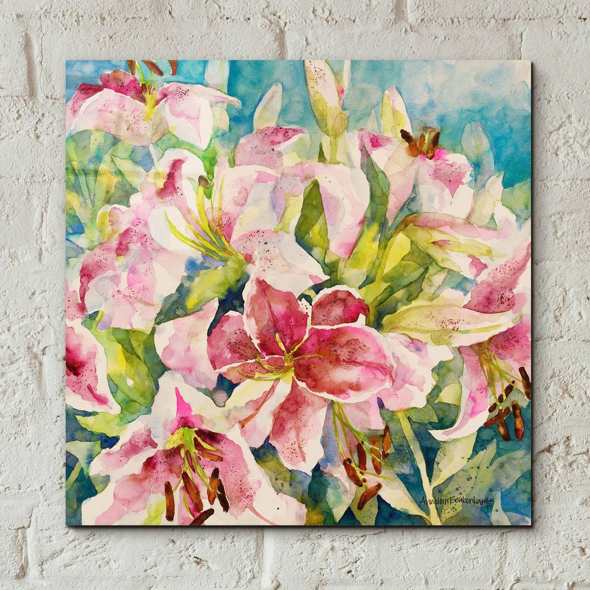 Pink Lilies by Annelein Beukenkamp - 12x12 acrylic wall art in a room