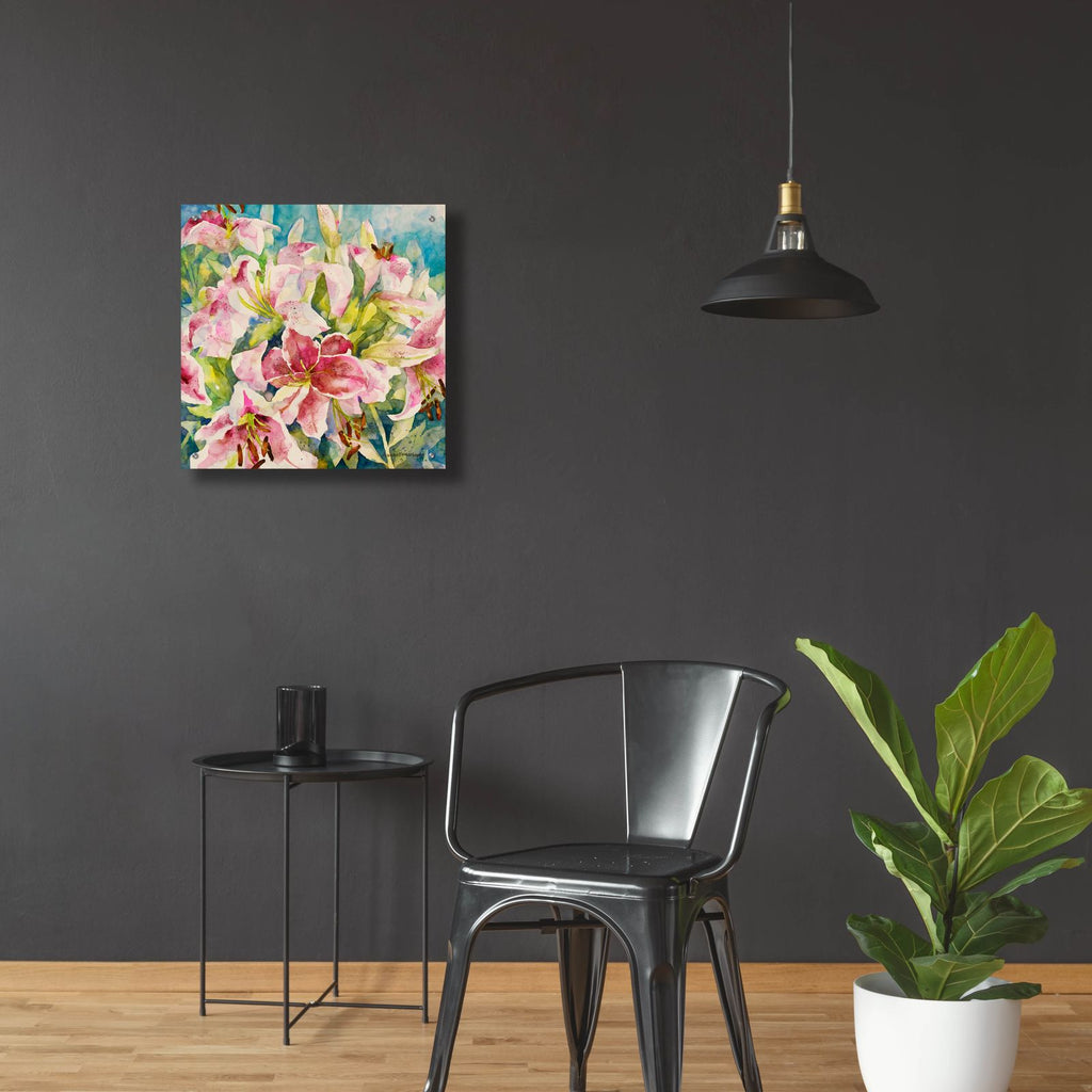 Pink Lilies by Annelein Beukenkamp - 24x24 acrylic wall art in a room