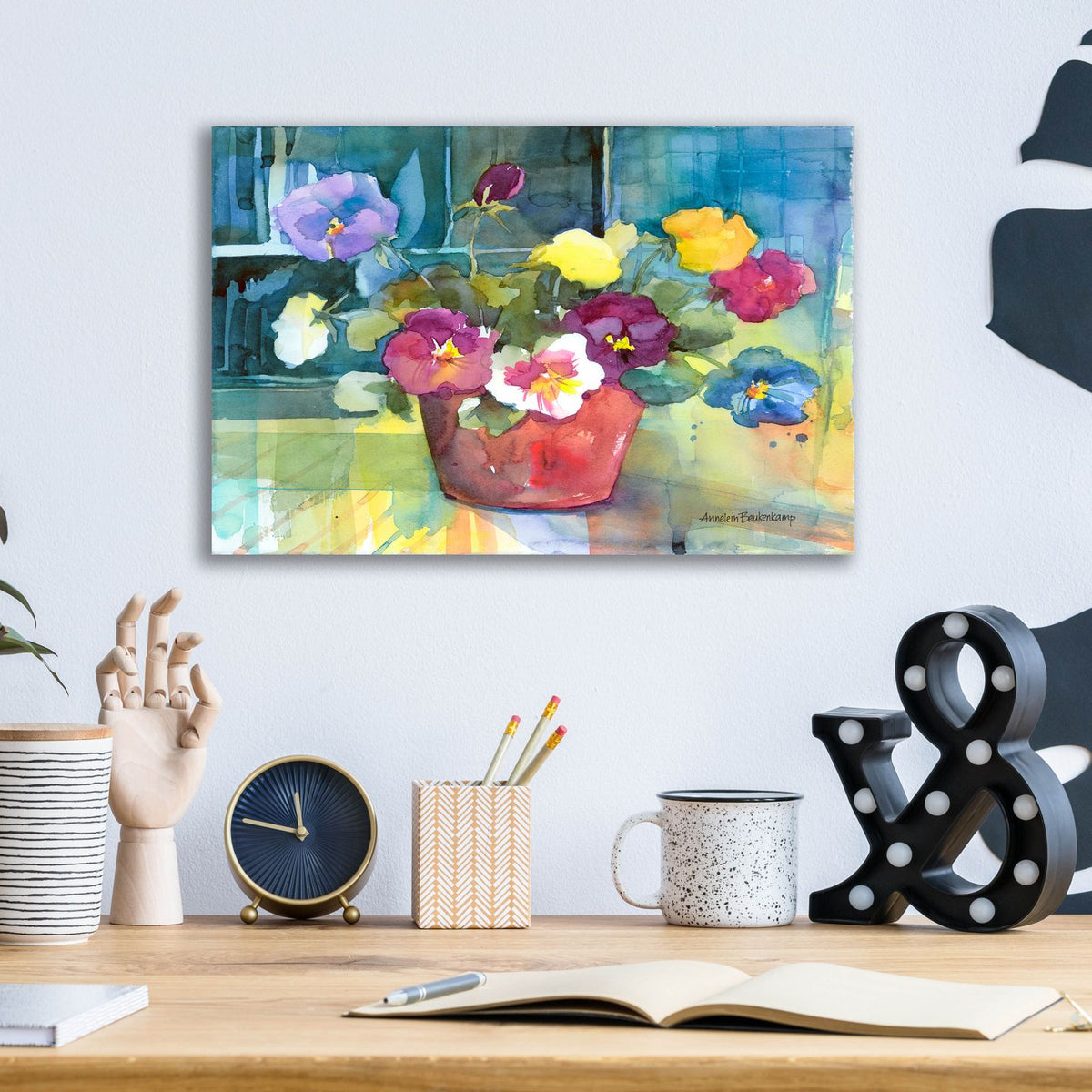 Potted Pansies by Annelein Beukenkamp - 16x12 acrylic wall art in a room
