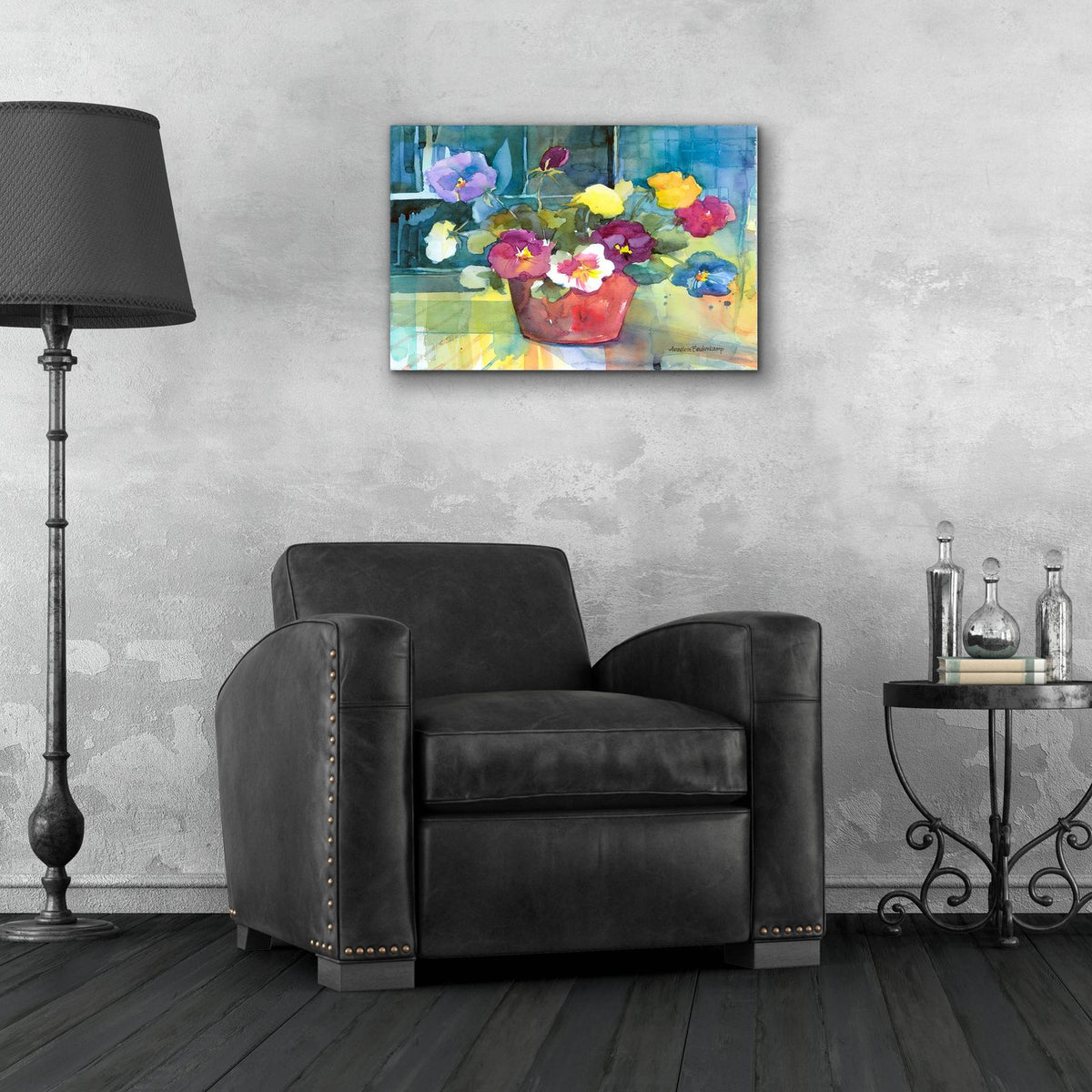 Potted Pansies by Annelein Beukenkamp - 24x16 acrylic wall art in a room
