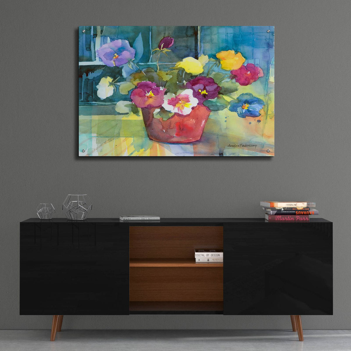 Potted Pansies by Annelein Beukenkamp - 36x24 acrylic wall art in a room