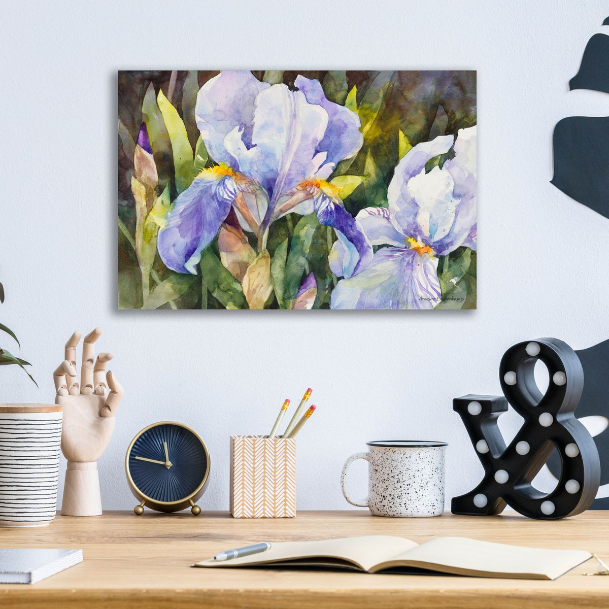 Purple Iris Closeup by Annelein Beukenkamp - 16x12 acrylic wall art in a room