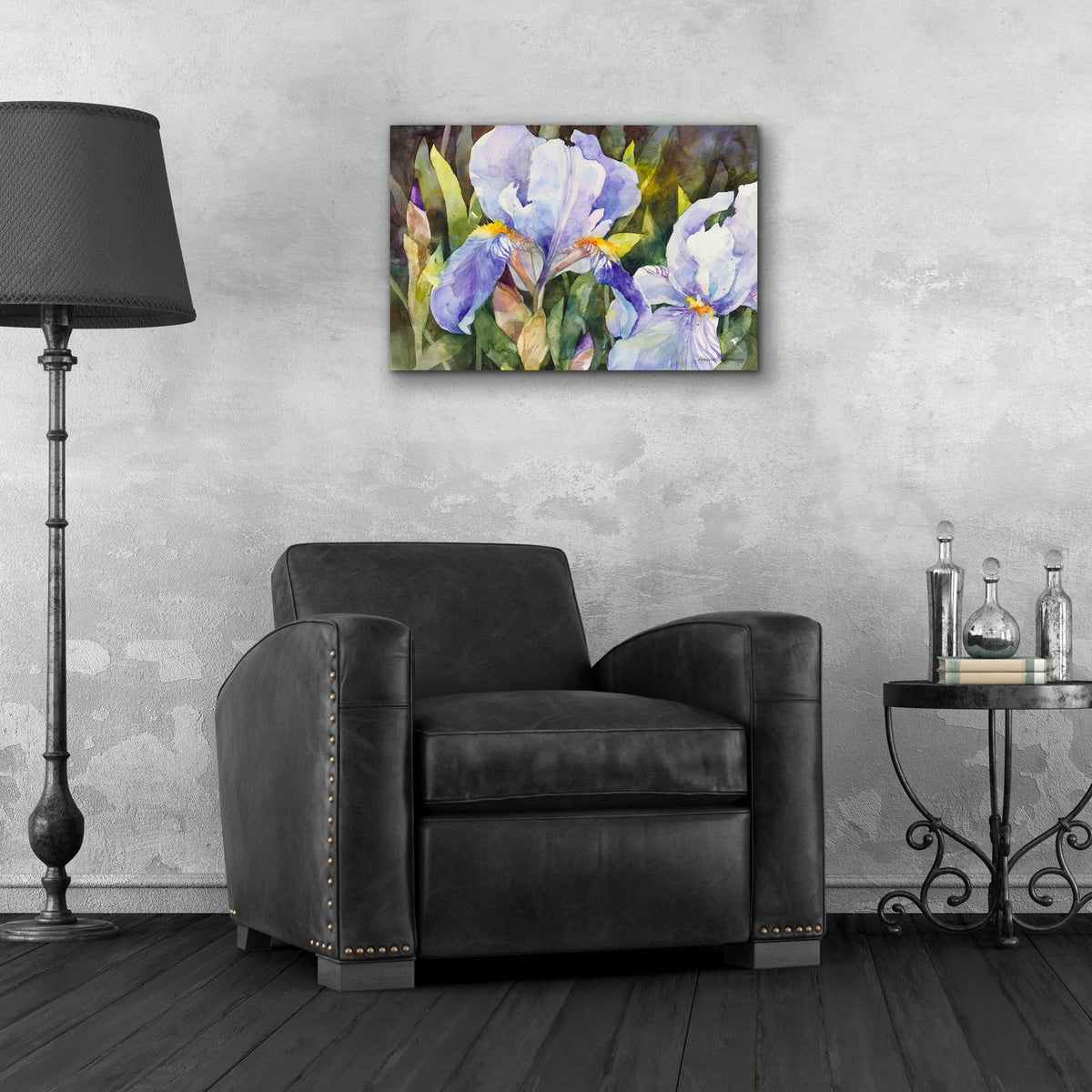 Purple Iris Closeup by Annelein Beukenkamp - 24x16 acrylic wall art in a room