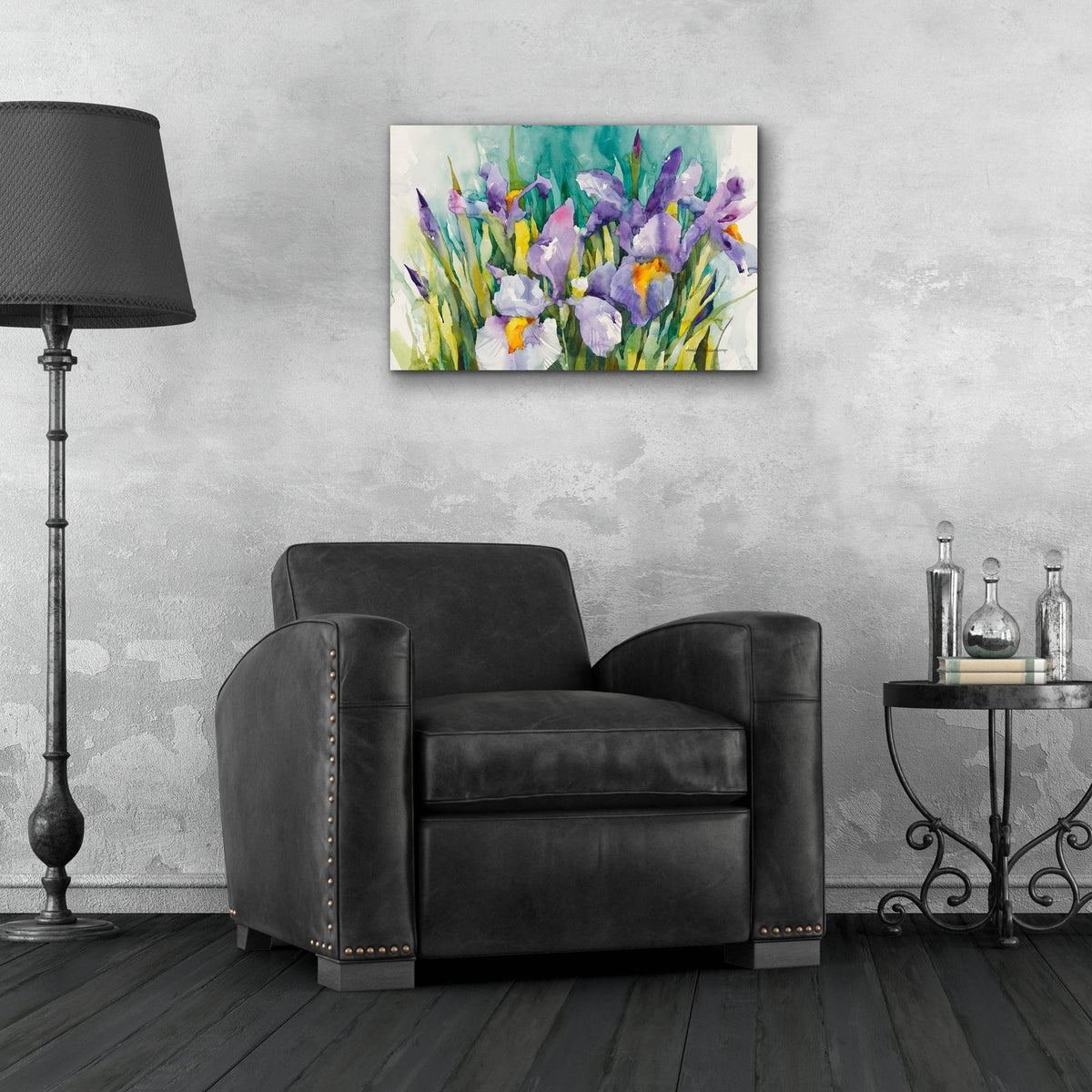 Purple Irises by Annelein Beukenkamp - 24x16 acrylic wall art in a room