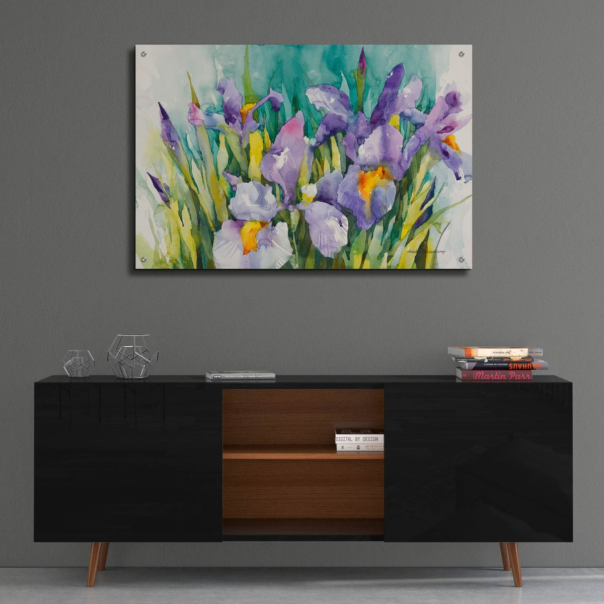 Purple Irises by Annelein Beukenkamp - 36x24 acrylic wall art in a room