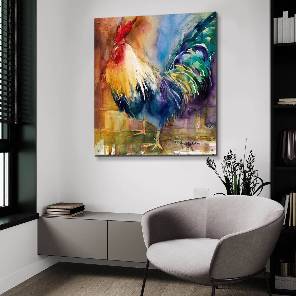 Renegade Rooster by Annelein Beukenkamp - 36x36 acrylic wall art in a room