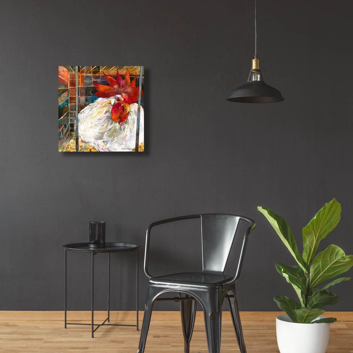 Rooster 2 by Annelein Beukenkamp - 24x24 acrylic wall art in a room
