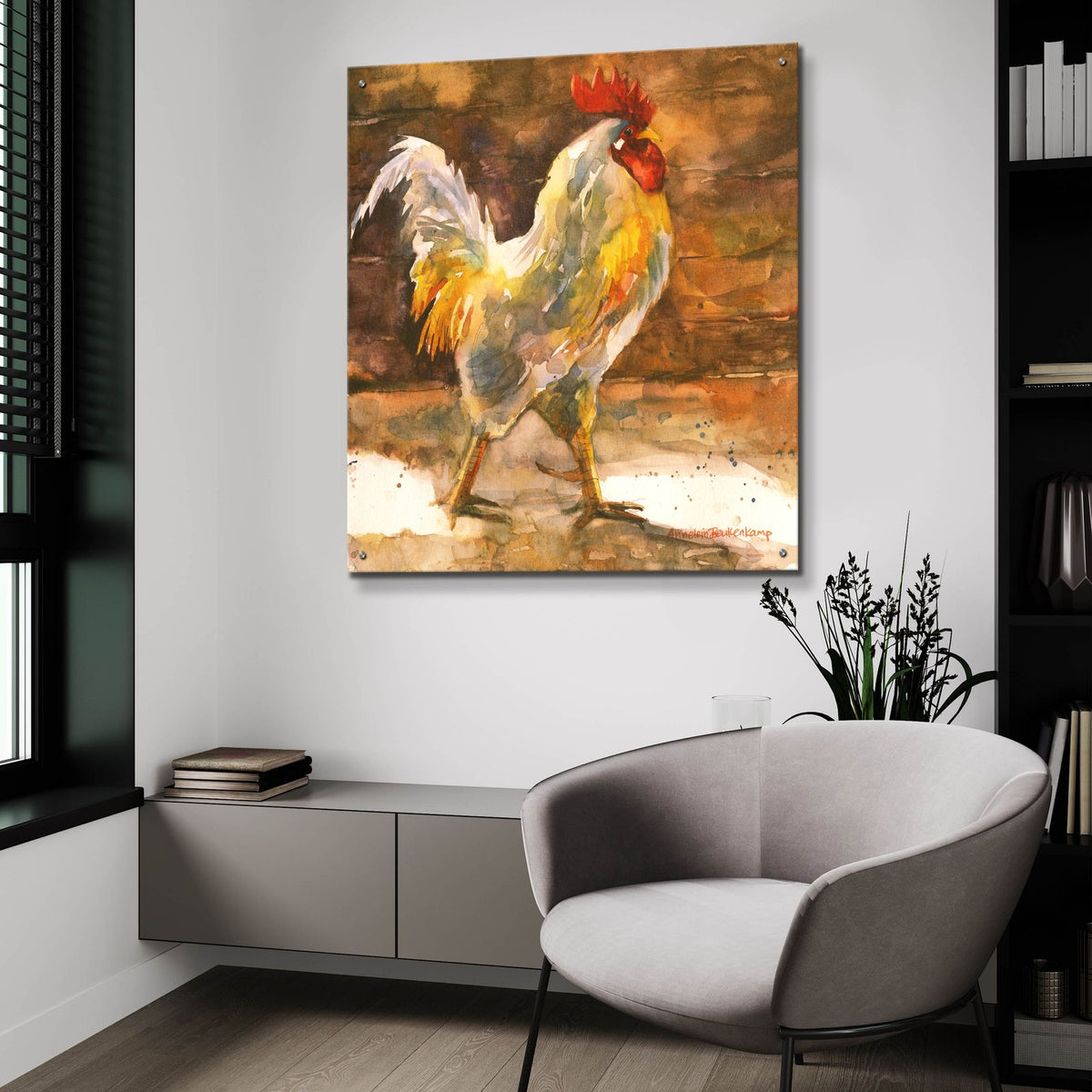 Rooster Barn by Annelein Beukenkamp - 36x36 acrylic wall art in a room