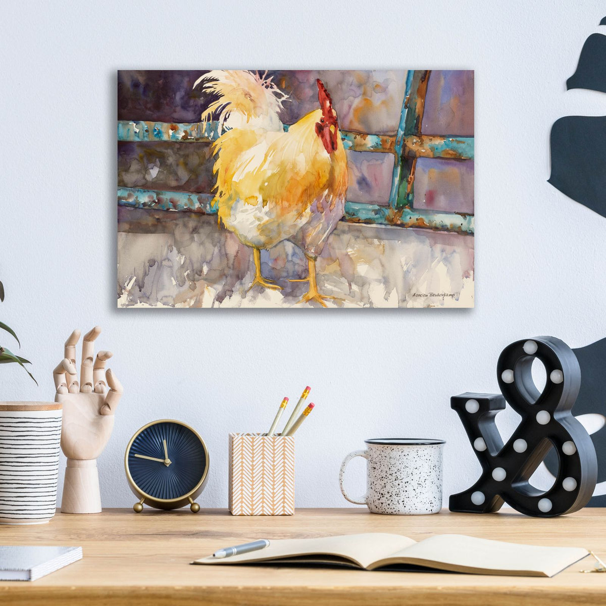 Rooster Fence by Annelein Beukenkamp - 16x12 acrylic wall art in a room