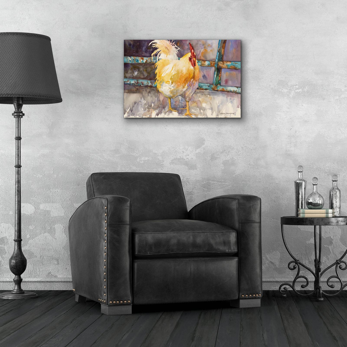 Rooster Fence by Annelein Beukenkamp - 24x16 acrylic wall art in a room