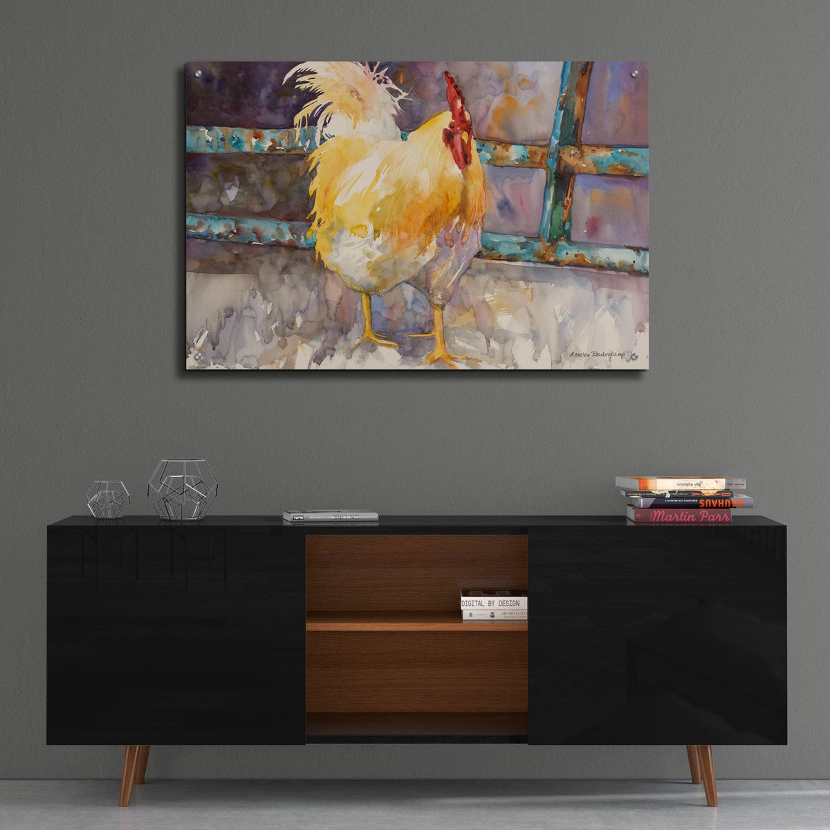 Rooster Fence by Annelein Beukenkamp - 36x24 acrylic wall art in a room