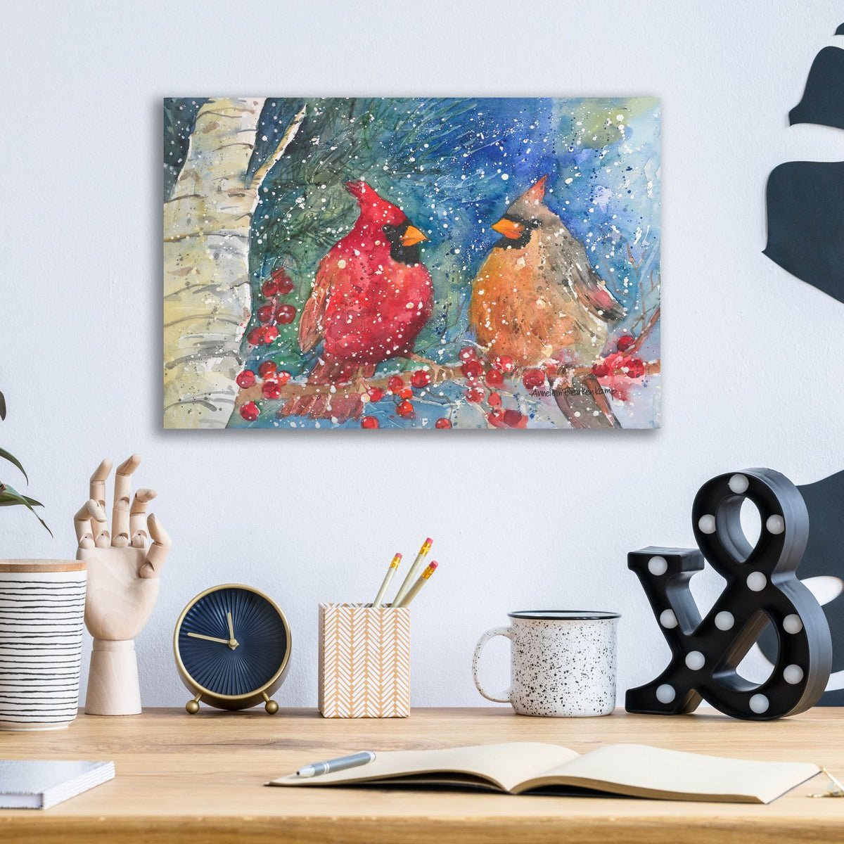 Snow Cardinals by Annelein Beukenkamp - 16x12 acrylic wall art in a room