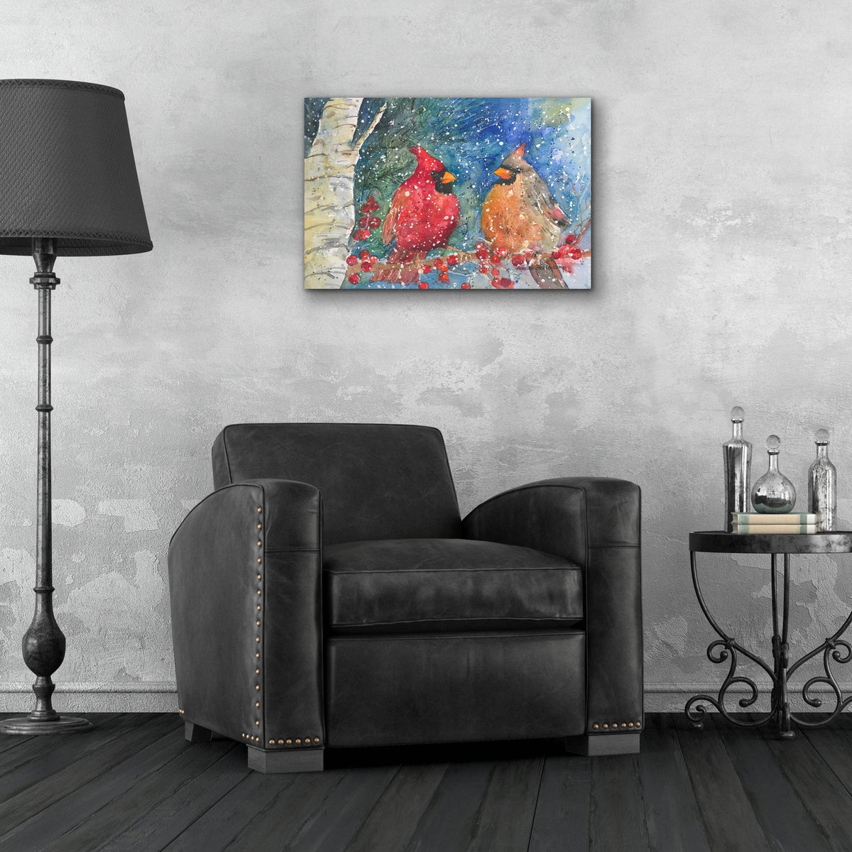 Snow Cardinals by Annelein Beukenkamp - 24x16 acrylic wall art in a room