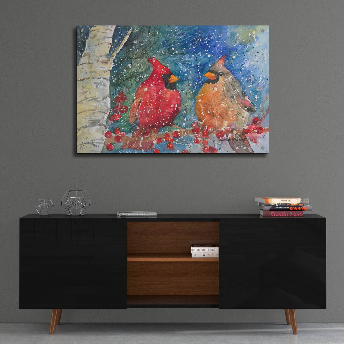 Snow Cardinals by Annelein Beukenkamp - 36x24 acrylic wall art in a room