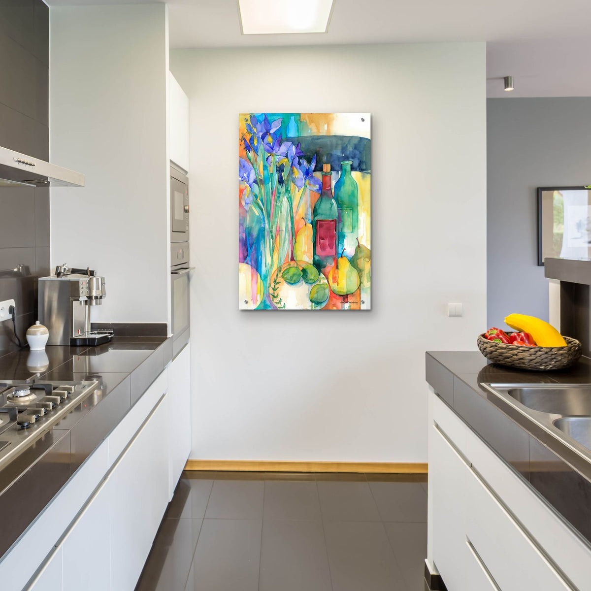Table Scape With Irises by Annelein Beukenkamp - 24x36 acrylic wall art in a room
