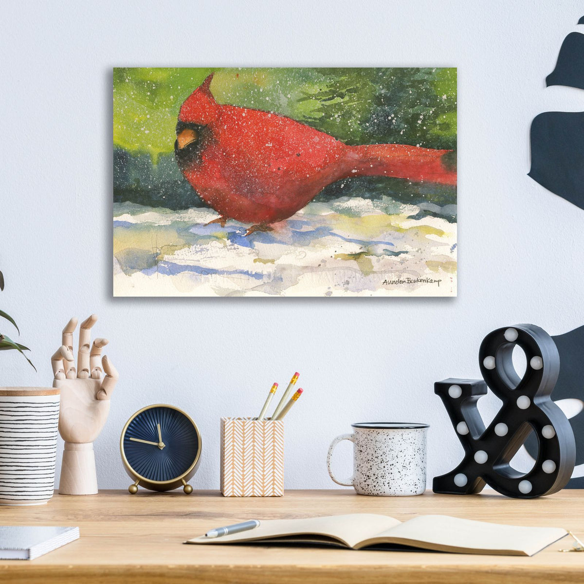 Winter Cardinal by Annelein Beukenkamp - 16x12 acrylic wall art in a room