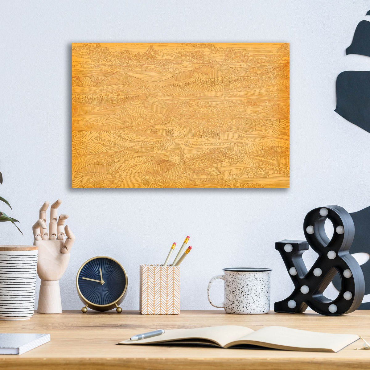 A Land Linked In Lines by Art Licensing Studio - 16x12 acrylic wall art in a room