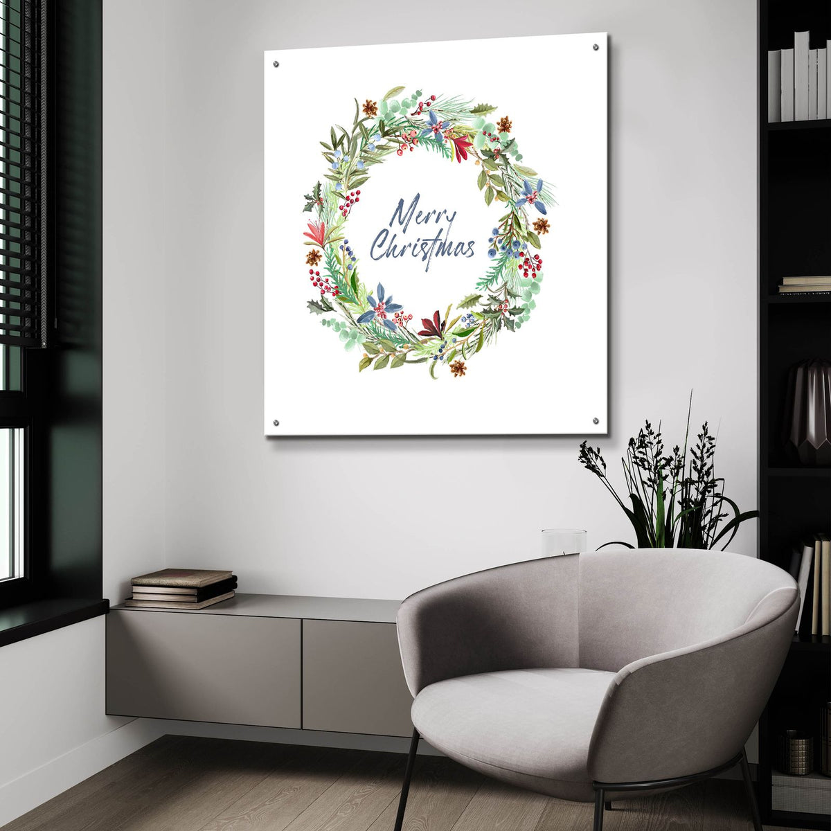 Cedar Blues Wreath by Art Licensing Studio - 36x36 acrylic wall art in a room