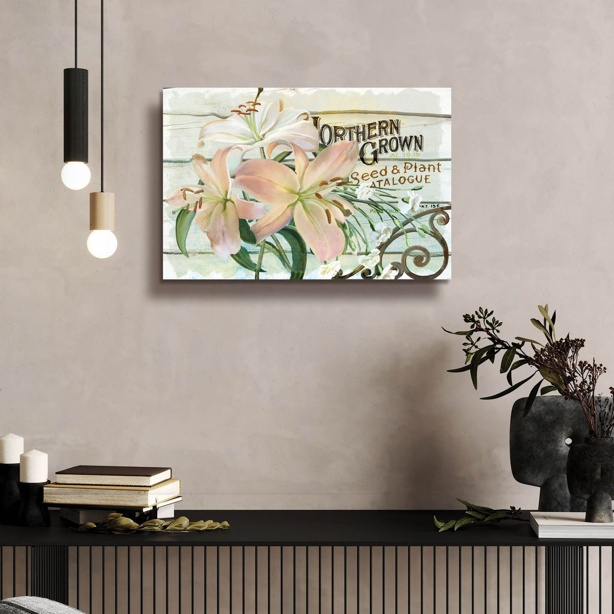 Farm Seed Lilies by Art Licensing Studio - 24x16 acrylic wall art in a room