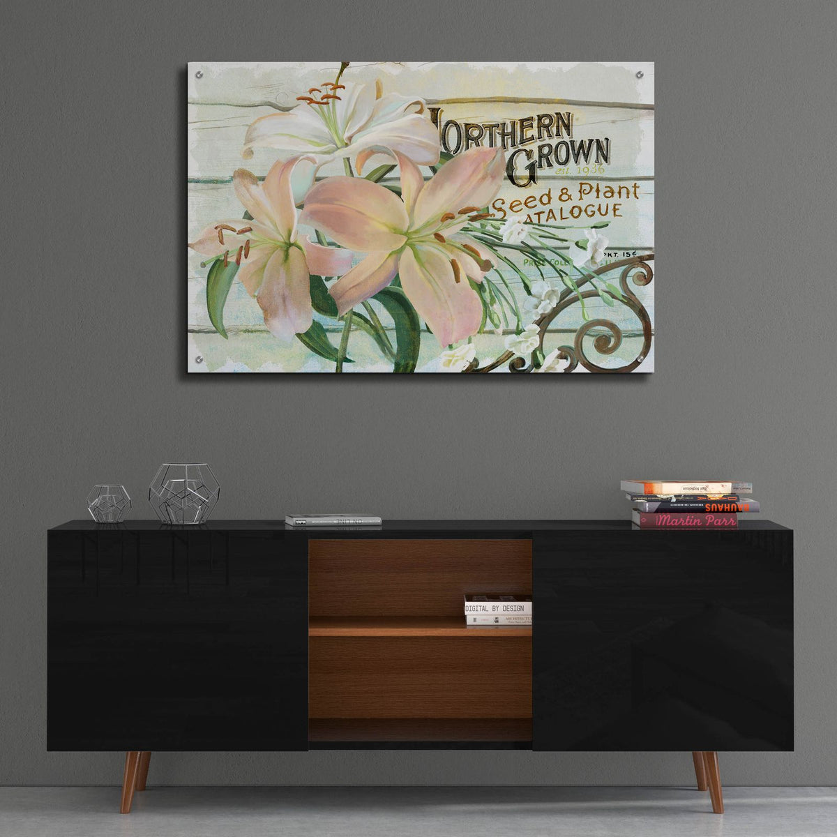 Farm Seed Lilies by Art Licensing Studio - 36x24 acrylic wall art in a room