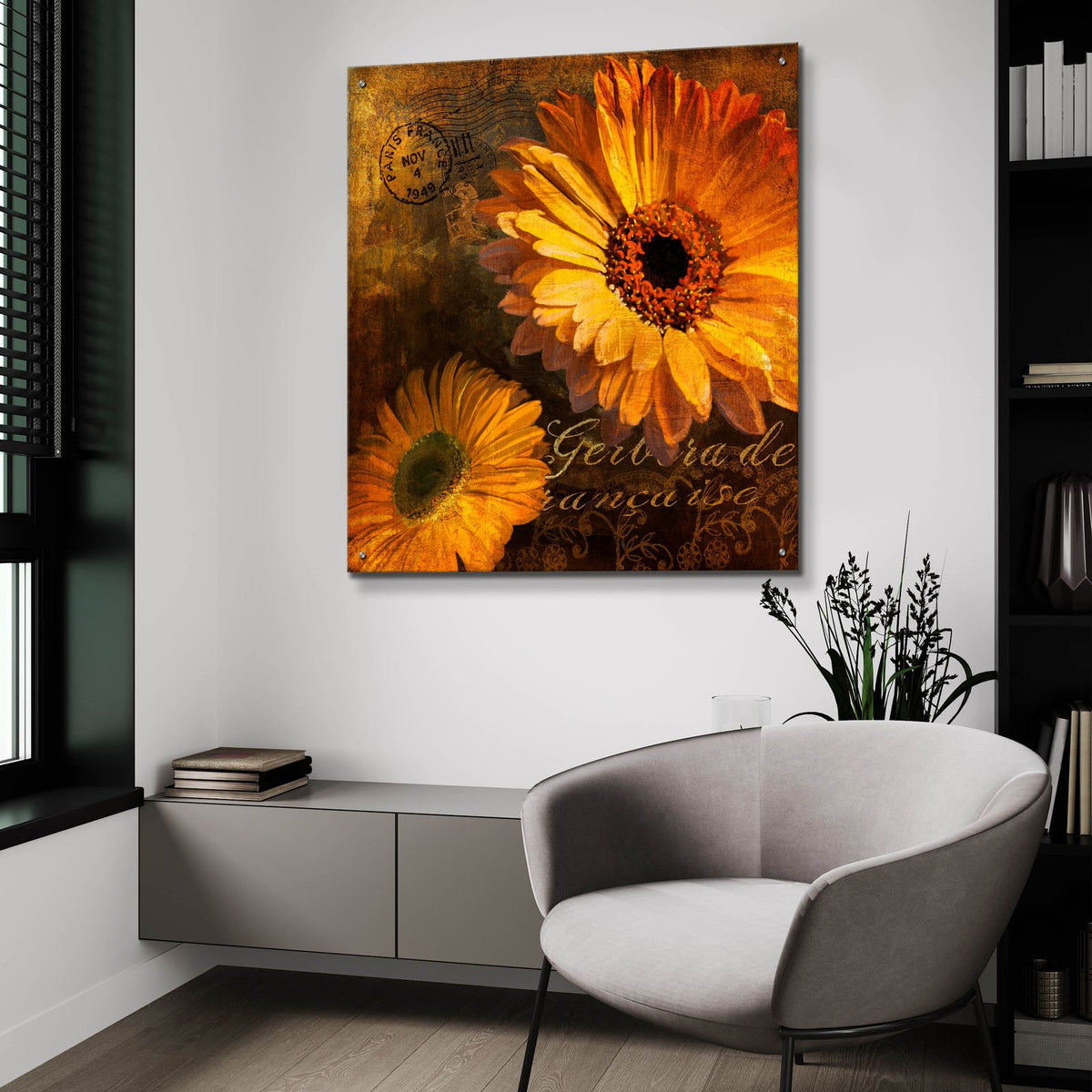 Golden Gerbera 4 by Art Licensing Studio - 36x36 acrylic wall art in a room