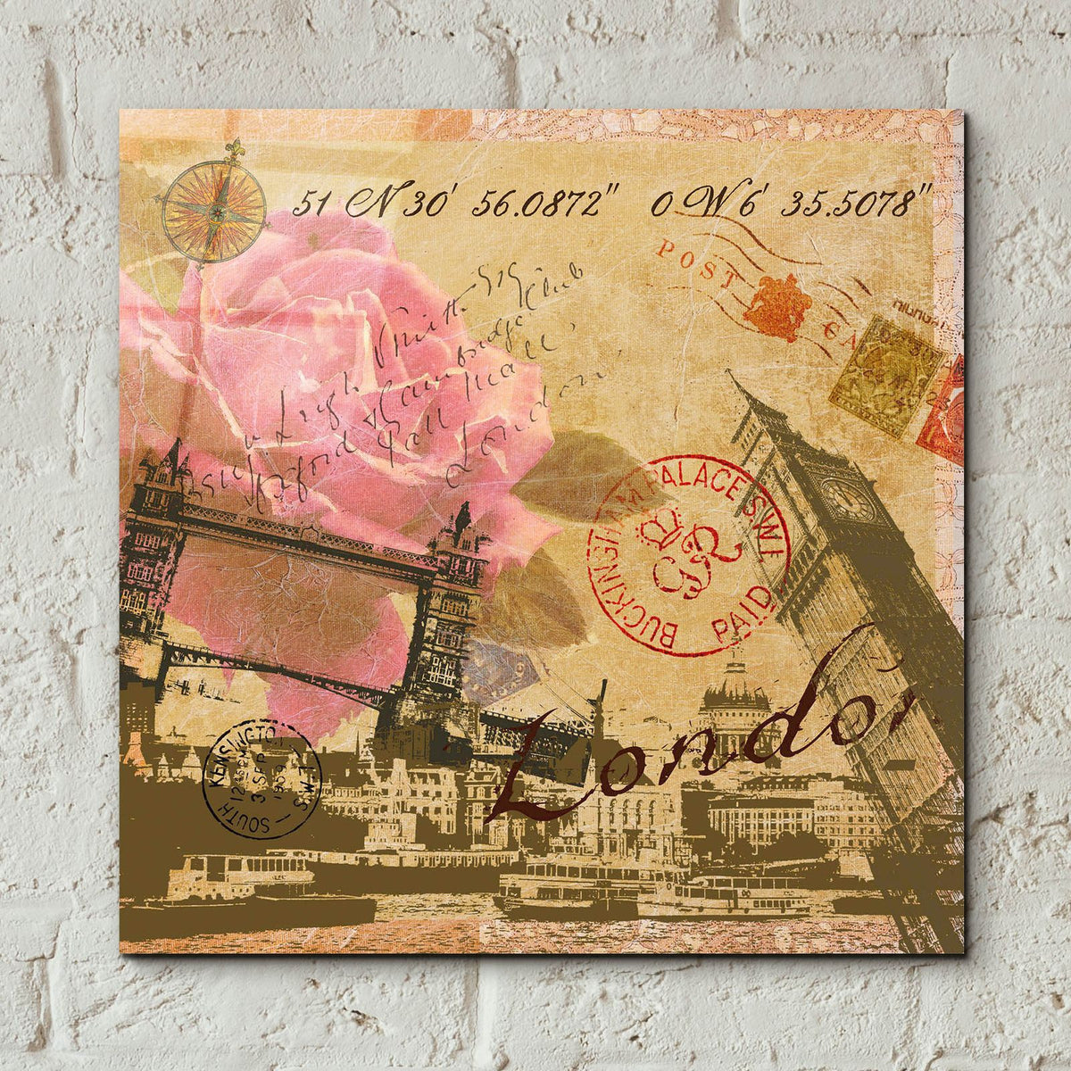 Latitude And Longitude Travel To London by Art Licensing Studio - 12x12 acrylic wall art in a room