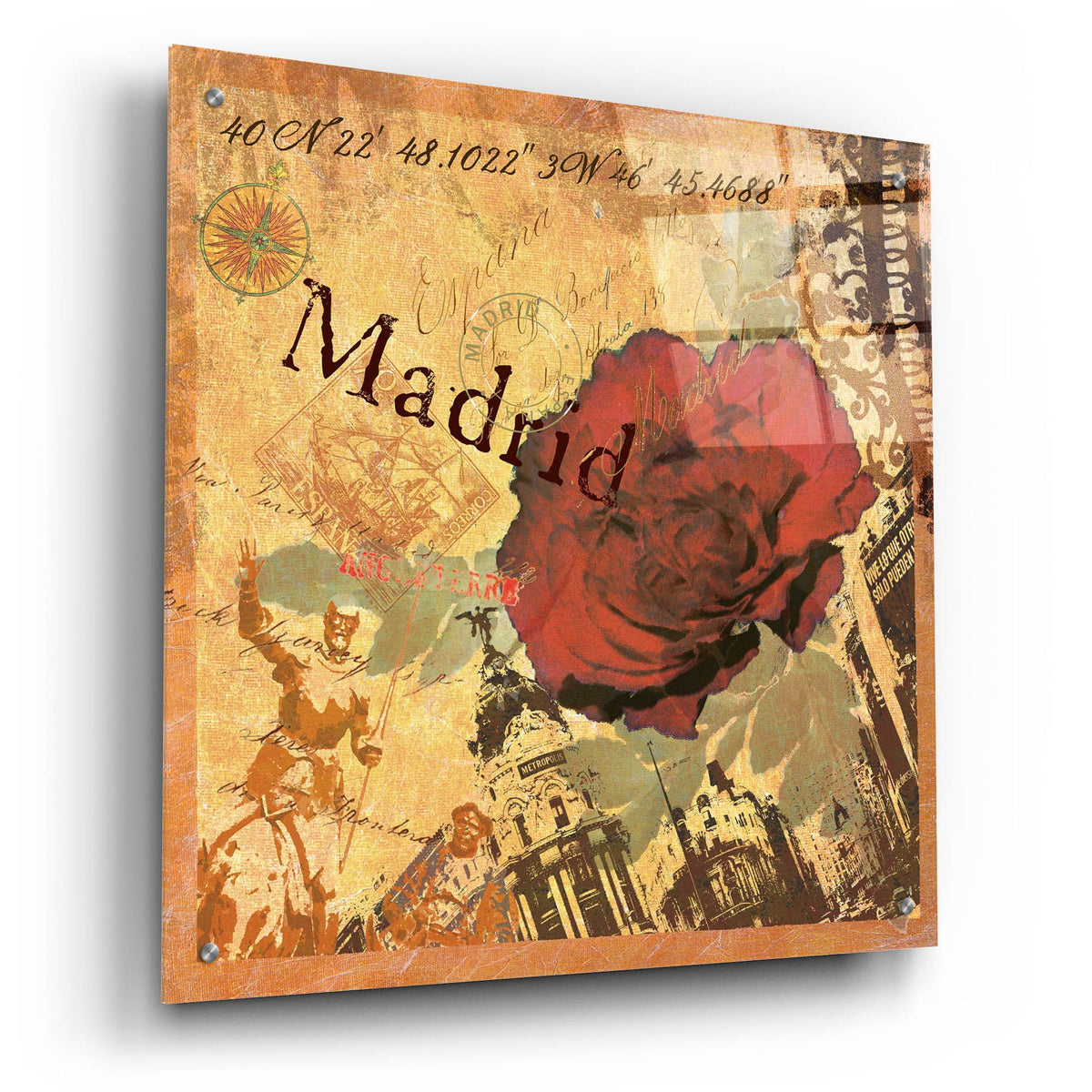 Epic Art 'Latitude And Longitude Travel To Madrid'  by Art Licensing Studio Acrylic Glass Wall Art,24x24