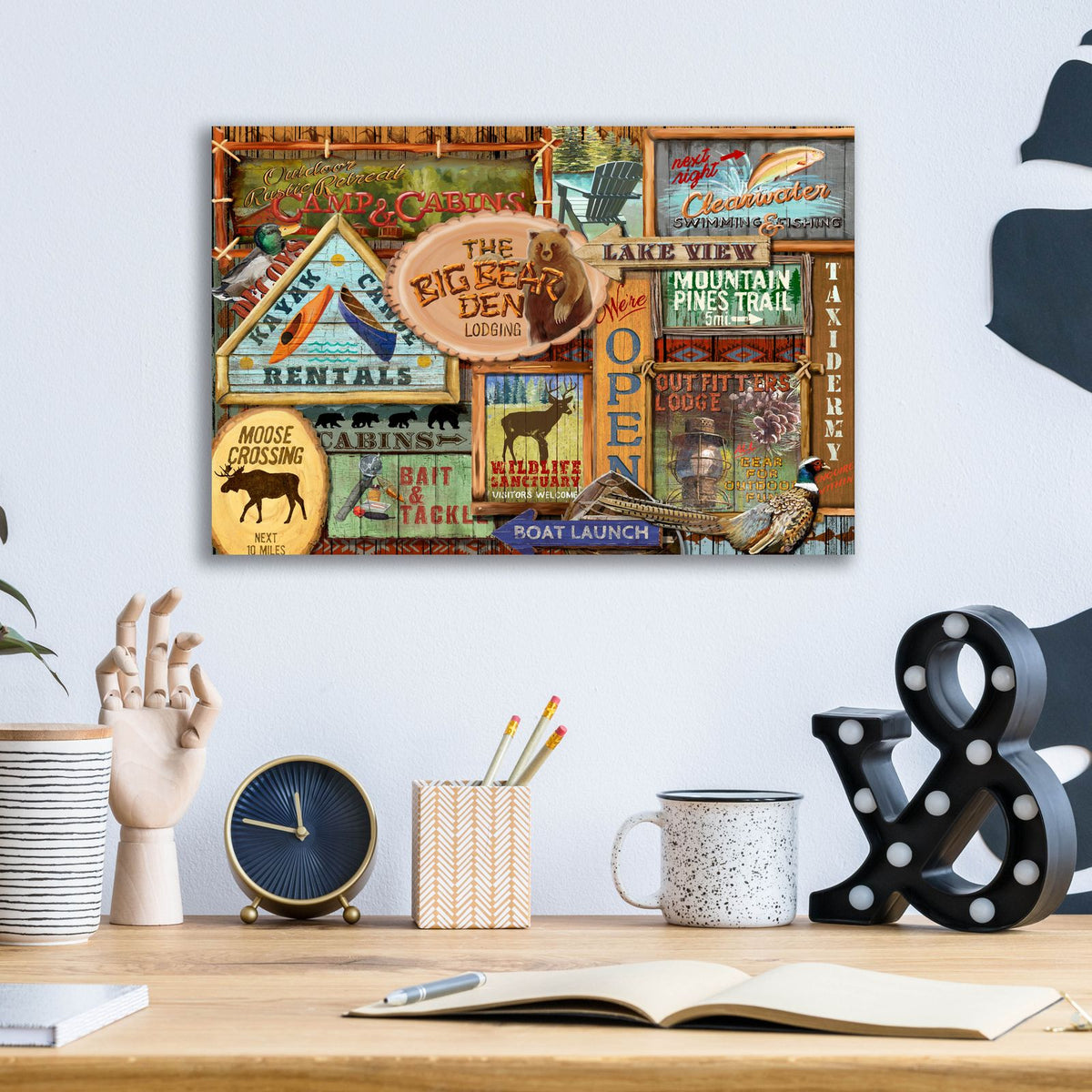 Lodge Sign Collage by Art Licensing Studio - 16x12 acrylic wall art in a room