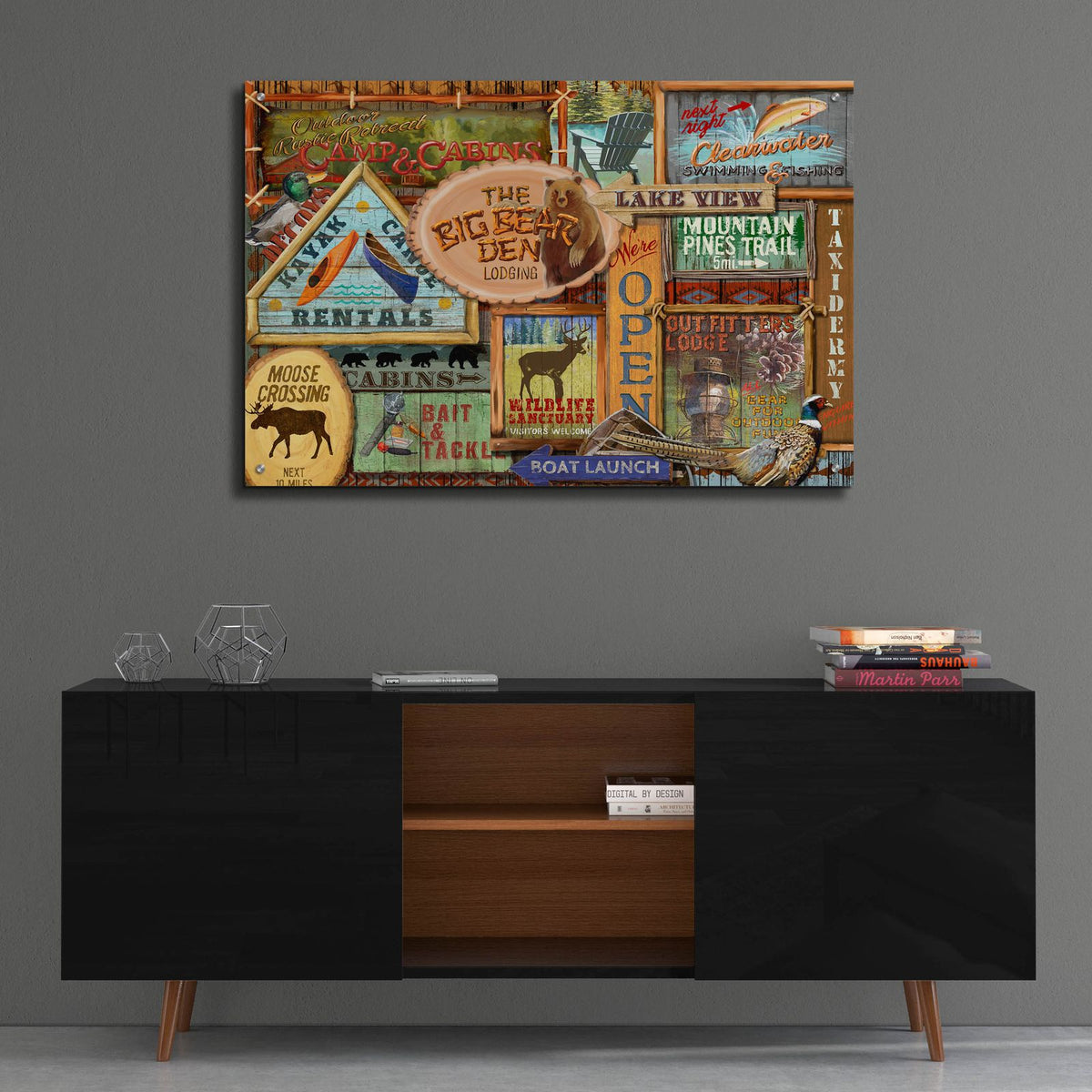 Lodge Sign Collage by Art Licensing Studio - 36x24 acrylic wall art in a room