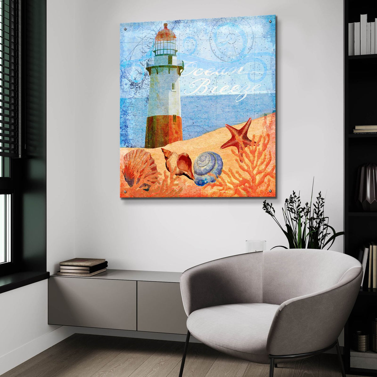 Ocean Breeze Lighthouse by Art Licensing Studio - 36x36 acrylic wall art in a room