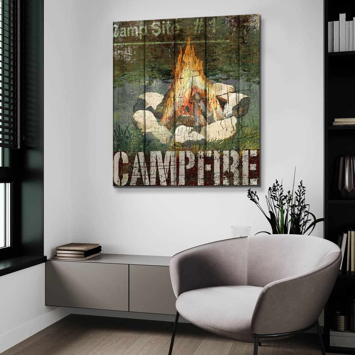 Open Season Campfire by Art Licensing Studio - 36x36 acrylic wall art in a room