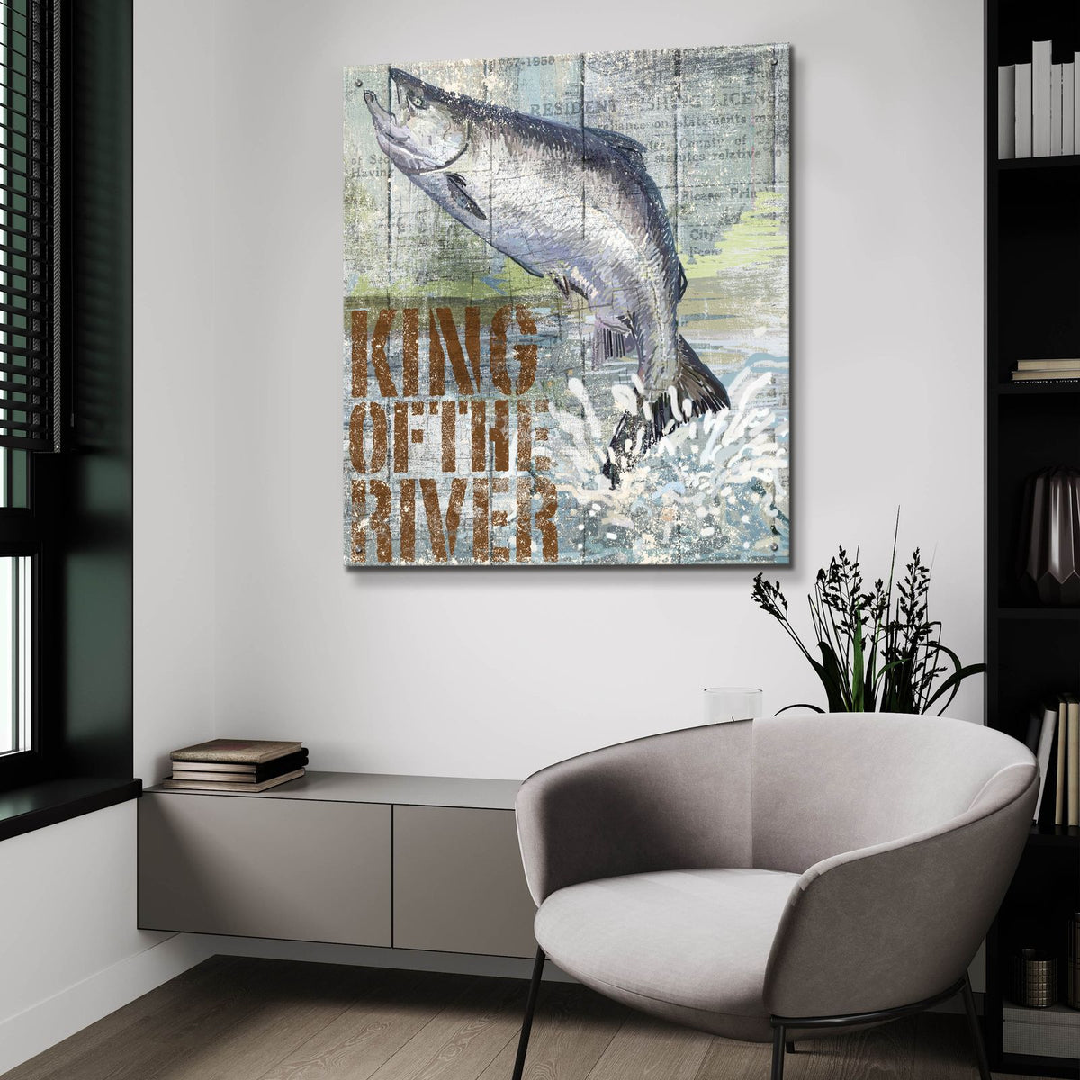 Open Season King Salmon by Art Licensing Studio - 36x36 acrylic wall art in a room
